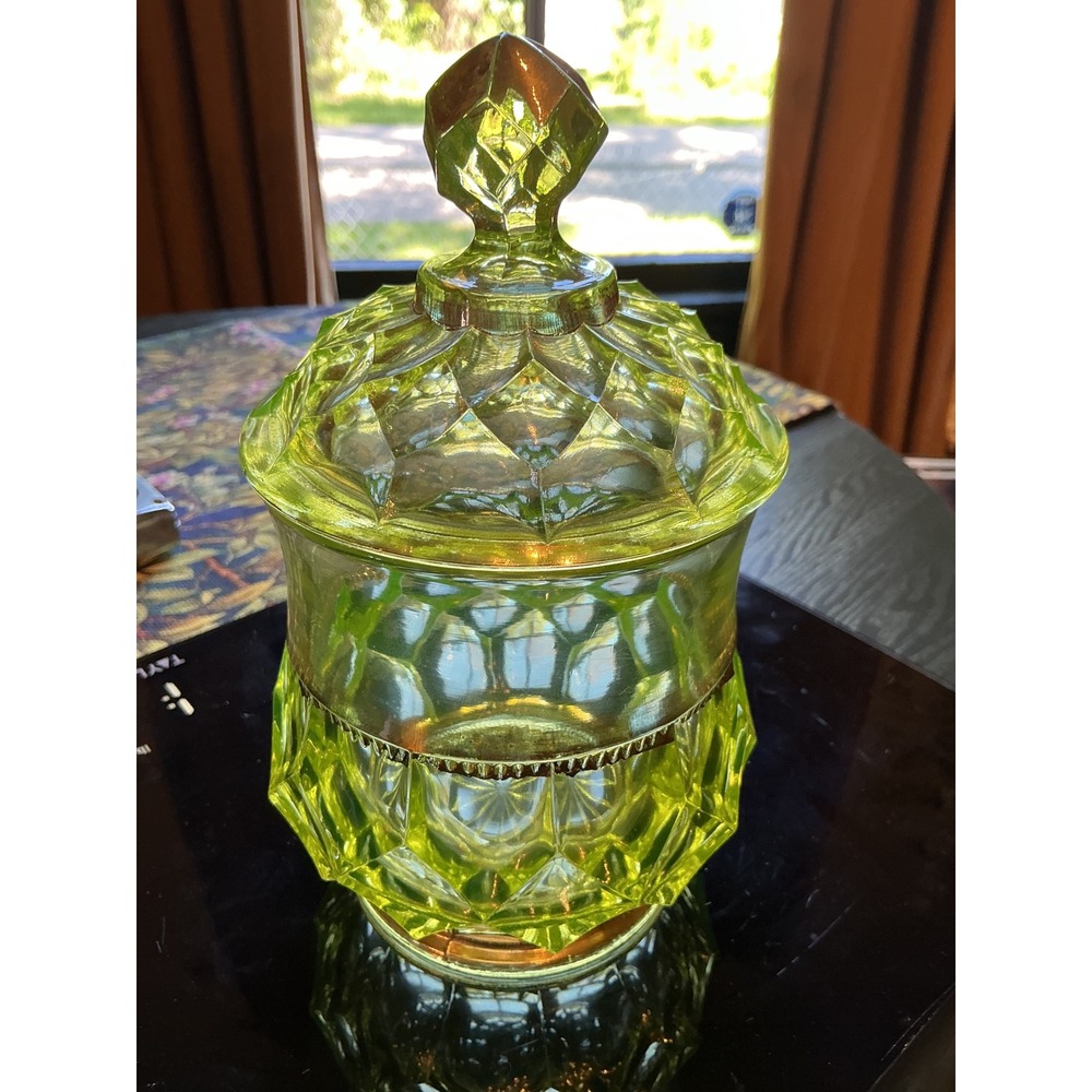 Antique Beaumont Glass Vaseline/Uranium Candy Jar with Lid - Picture 6 of 16